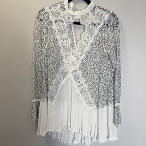 Free People Floral Lace Blouse in White and Gray
